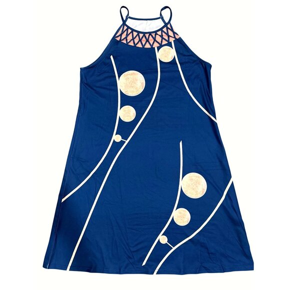 CCC Navy Blue Sleeveless Geometric Print Dress Mesh Detail Circle Pattern Large - Picture 5 of 8